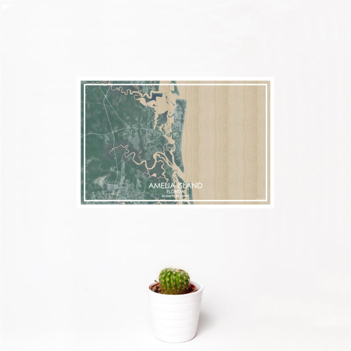 12x18 Amelia Island Florida Map Print Landscape Orientation in Afternoon Style With Small Cactus Plant in White Planter