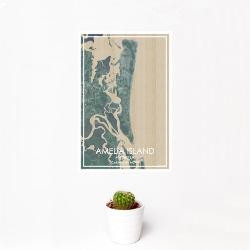 12x18 Amelia Island Florida Map Print Portrait Orientation in Afternoon Style With Small Cactus Plant in White Planter