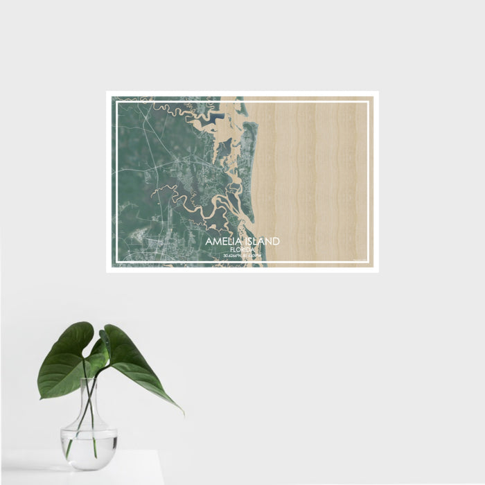 16x24 Amelia Island Florida Map Print Landscape Orientation in Afternoon Style With Tropical Plant Leaves in Water