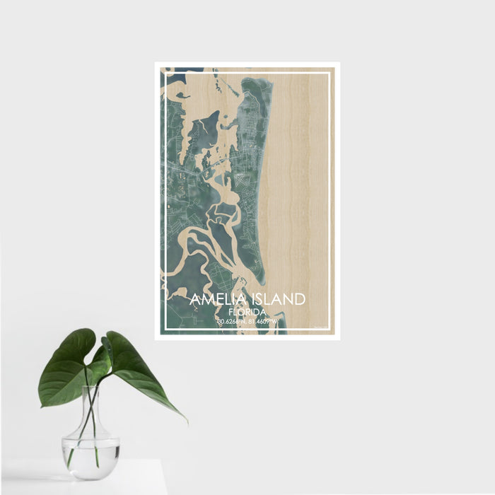 16x24 Amelia Island Florida Map Print Portrait Orientation in Afternoon Style With Tropical Plant Leaves in Water