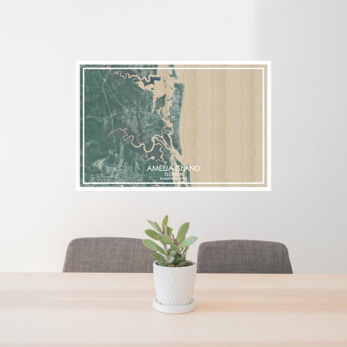 24x36 Amelia Island Florida Map Print Lanscape Orientation in Afternoon Style Behind 2 Chairs Table and Potted Plant