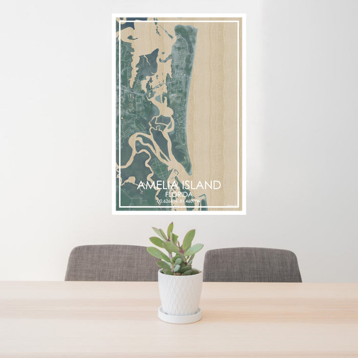 24x36 Amelia Island Florida Map Print Portrait Orientation in Afternoon Style Behind 2 Chairs Table and Potted Plant