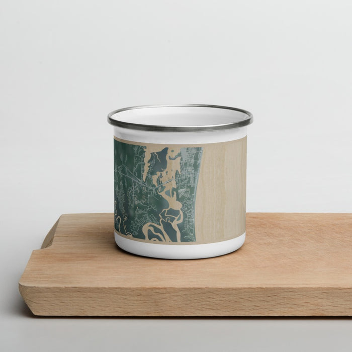 Front View Custom Amelia Island Florida Map Enamel Mug in Afternoon on Cutting Board