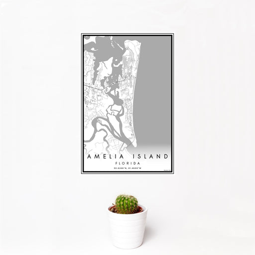 12x18 Amelia Island Florida Map Print Portrait Orientation in Classic Style With Small Cactus Plant in White Planter