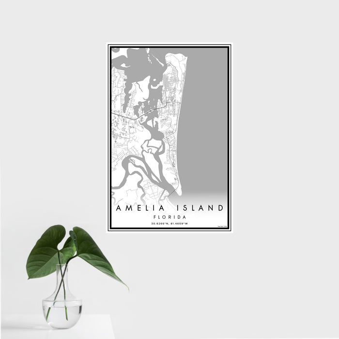 16x24 Amelia Island Florida Map Print Portrait Orientation in Classic Style With Tropical Plant Leaves in Water