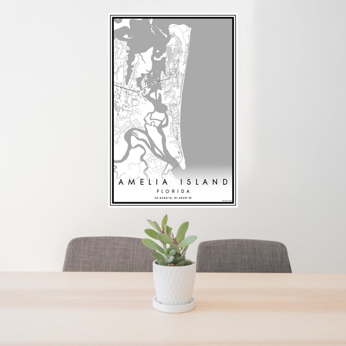 24x36 Amelia Island Florida Map Print Portrait Orientation in Classic Style Behind 2 Chairs Table and Potted Plant