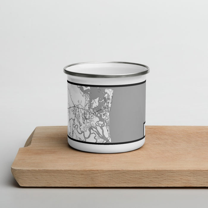 Front View Custom Amelia Island Florida Map Enamel Mug in Classic on Cutting Board