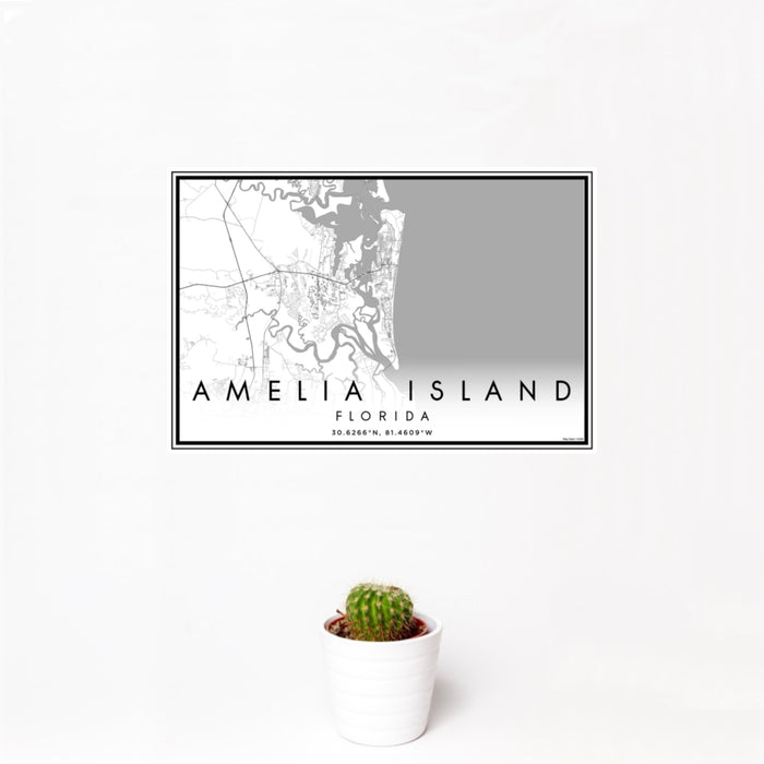 12x18 Amelia Island Florida Map Print Landscape Orientation in Classic Style With Small Cactus Plant in White Planter