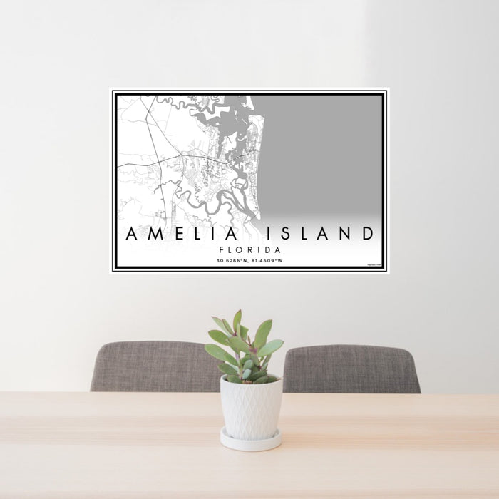 24x36 Amelia Island Florida Map Print Landscape Orientation in Classic Style Behind 2 Chairs Table and Potted Plant