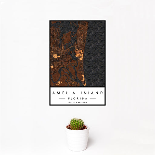 12x18 Amelia Island Florida Map Print Portrait Orientation in Ember Style With Small Cactus Plant in White Planter