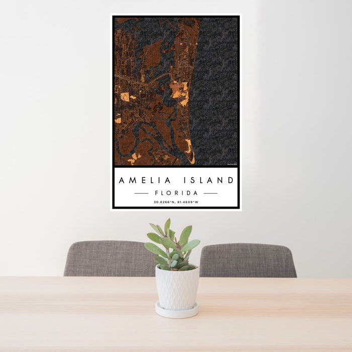 24x36 Amelia Island Florida Map Print Portrait Orientation in Ember Style Behind 2 Chairs Table and Potted Plant