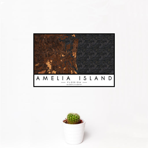 12x18 Amelia Island Florida Map Print Landscape Orientation in Ember Style With Small Cactus Plant in White Planter