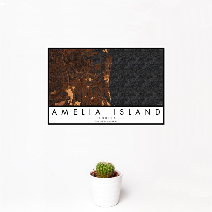 12x18 Amelia Island Florida Map Print Landscape Orientation in Ember Style With Small Cactus Plant in White Planter