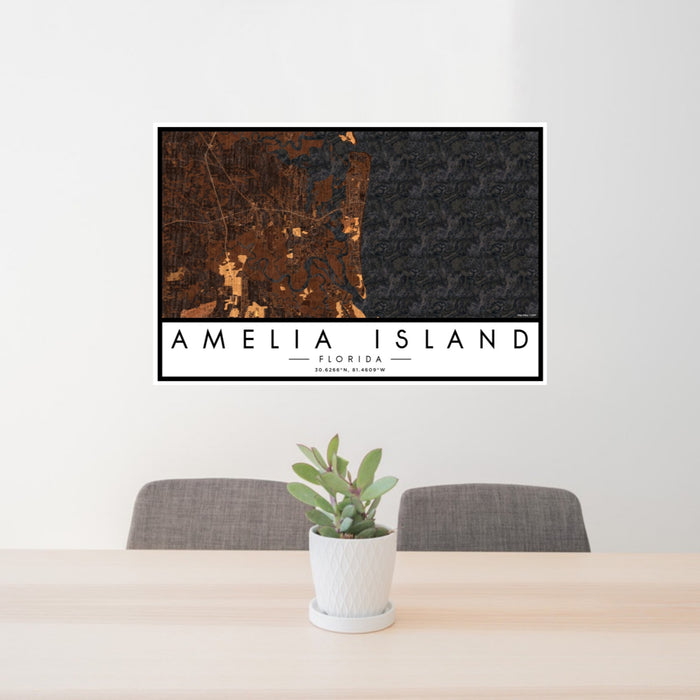 24x36 Amelia Island Florida Map Print Landscape Orientation in Ember Style Behind 2 Chairs Table and Potted Plant