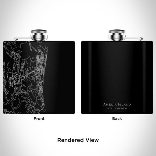 Rendered View of Amelia Island Florida Map Engraving on 6oz Stainless Steel Flask in Black