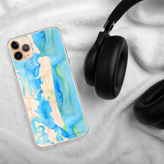 Custom Amelia Island Florida Map Phone Case in Watercolor on Table with Black Headphones