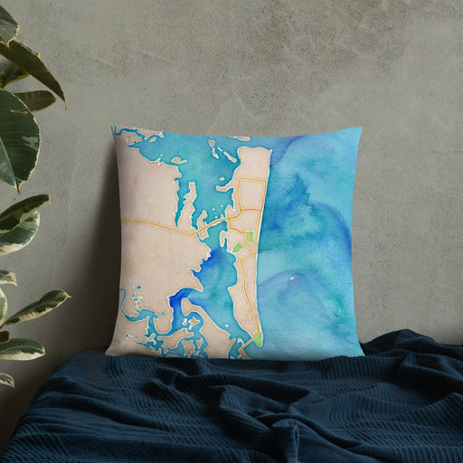 Custom Amelia Island Florida Map Throw Pillow in Watercolor on Bedding Against Wall