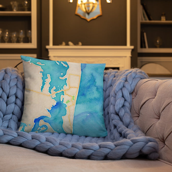 Custom Amelia Island Florida Map Throw Pillow in Watercolor on Cream Colored Couch