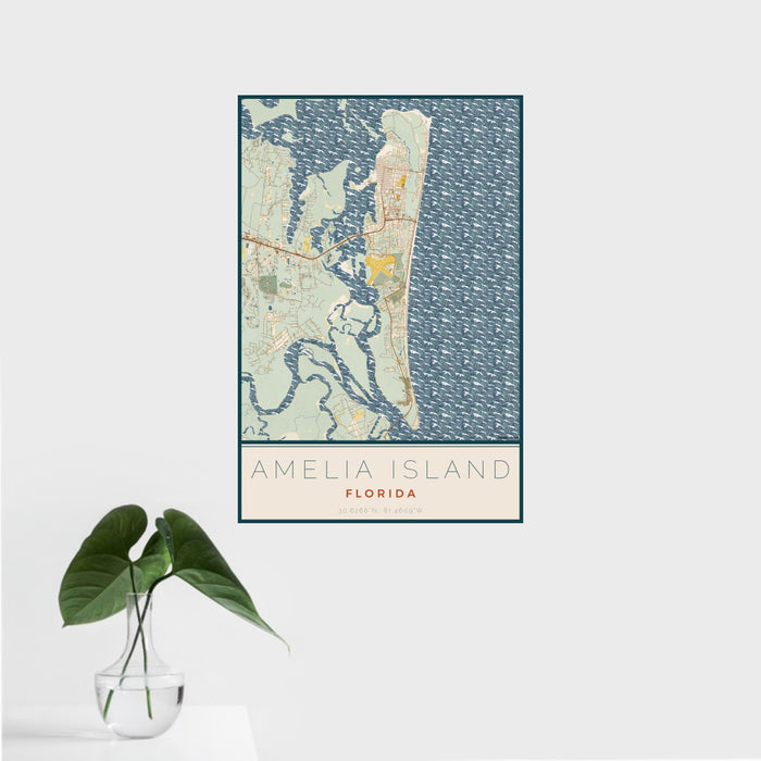 16x24 Amelia Island Florida Map Print Portrait Orientation in Woodblock Style With Tropical Plant Leaves in Water