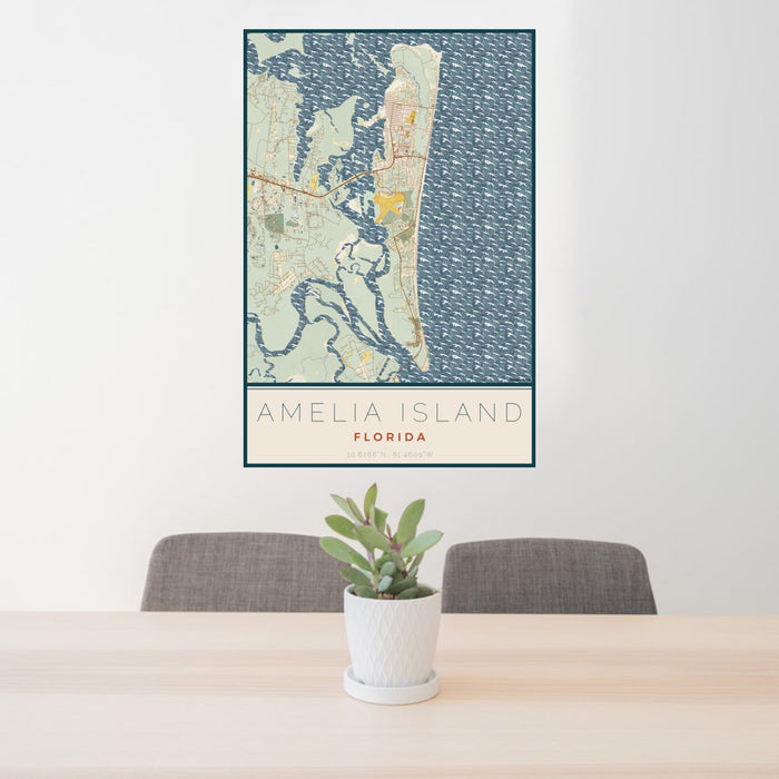 24x36 Amelia Island Florida Map Print Portrait Orientation in Woodblock Style Behind 2 Chairs Table and Potted Plant