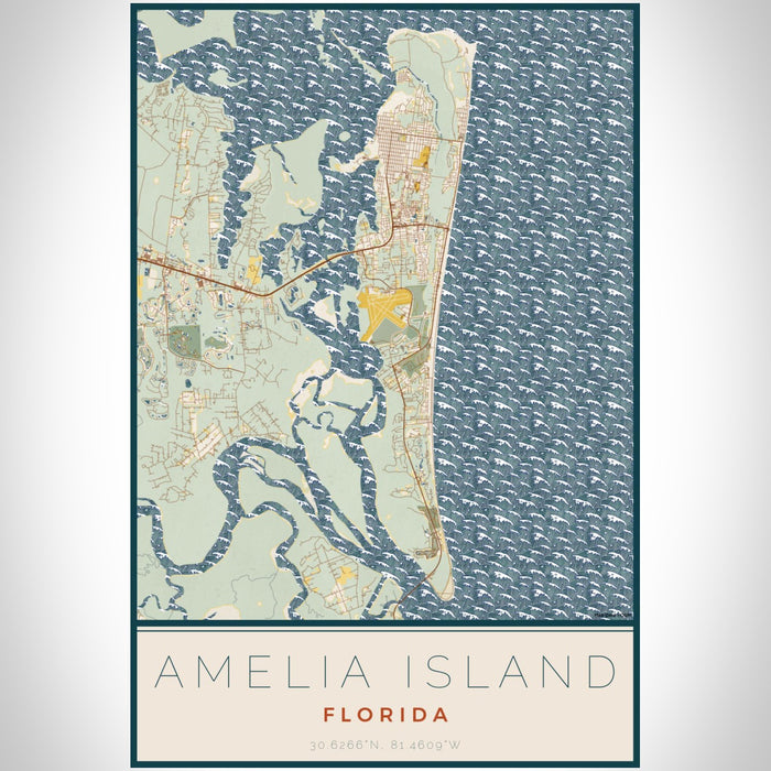 Amelia Island Florida Map Print Portrait Orientation in Woodblock Style With Shaded Background