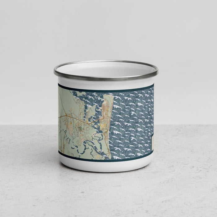 Front View Custom Amelia Island Florida Map Enamel Mug in Woodblock