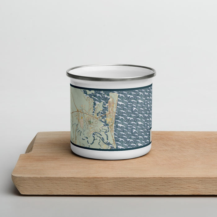 Front View Custom Amelia Island Florida Map Enamel Mug in Woodblock on Cutting Board