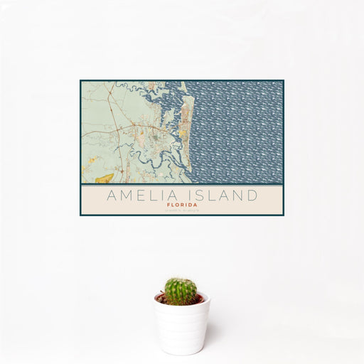 12x18 Amelia Island Florida Map Print Landscape Orientation in Woodblock Style With Small Cactus Plant in White Planter