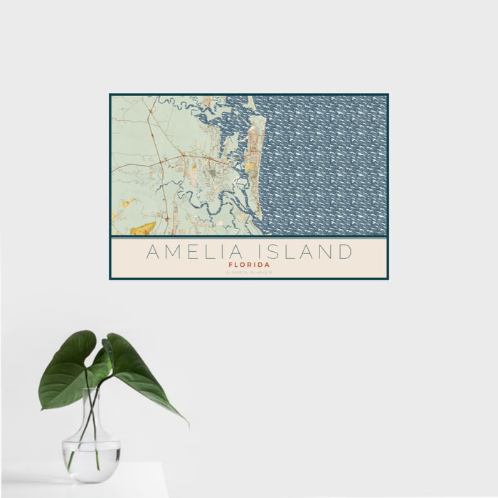 16x24 Amelia Island Florida Map Print Landscape Orientation in Woodblock Style With Tropical Plant Leaves in Water
