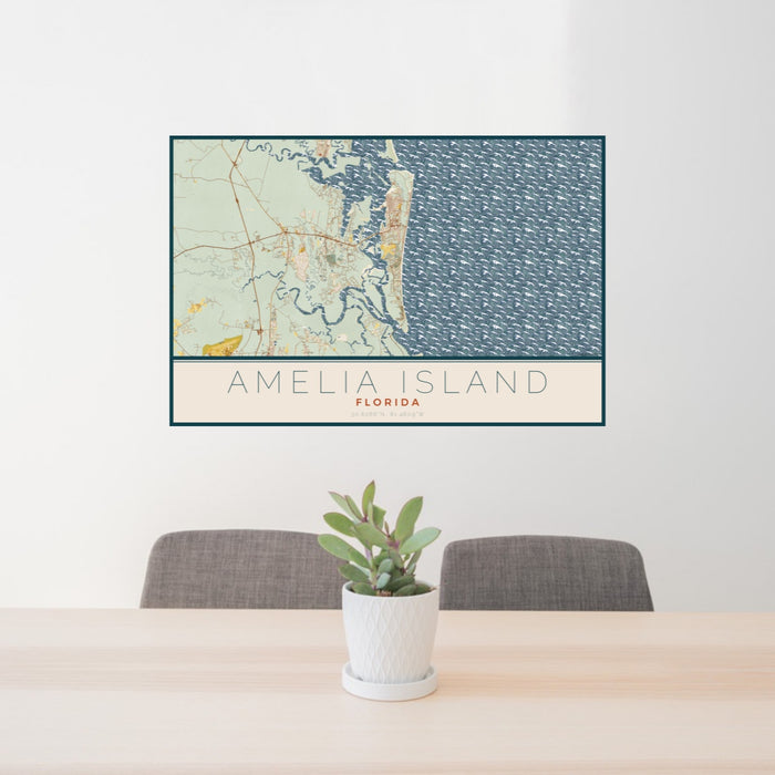 24x36 Amelia Island Florida Map Print Landscape Orientation in Woodblock Style Behind 2 Chairs Table and Potted Plant