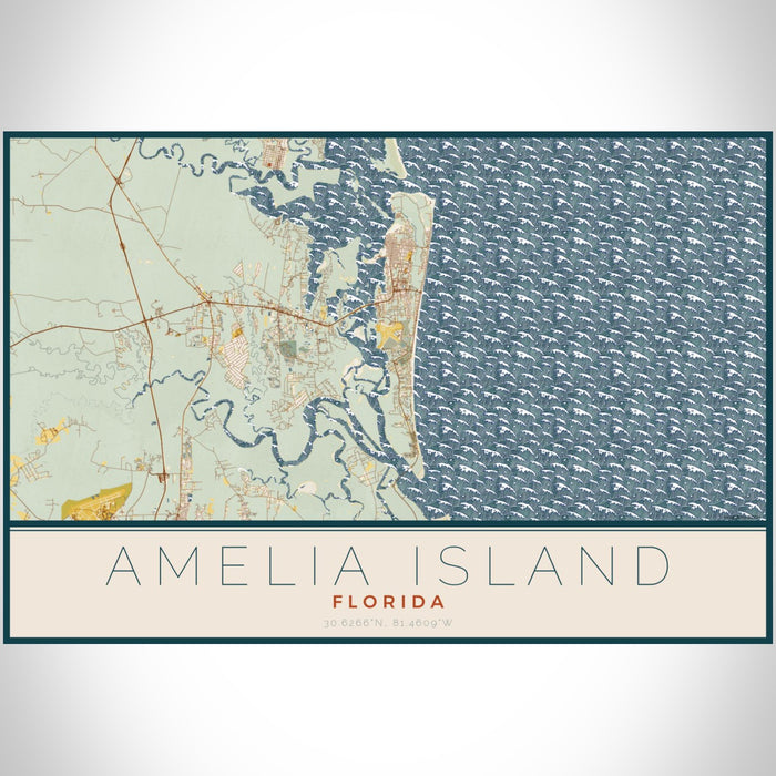 Amelia Island Florida Map Print Landscape Orientation in Woodblock Style With Shaded Background