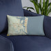 Custom Amelia Island Florida Map Throw Pillow in Woodblock on Blue Colored Chair