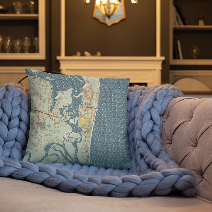 Custom Amelia Island Florida Map Throw Pillow in Woodblock on Cream Colored Couch