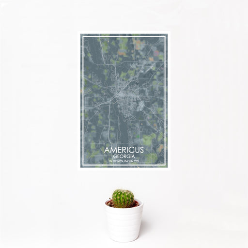 12x18 Americus Georgia Map Print Portrait Orientation in Afternoon Style With Small Cactus Plant in White Planter