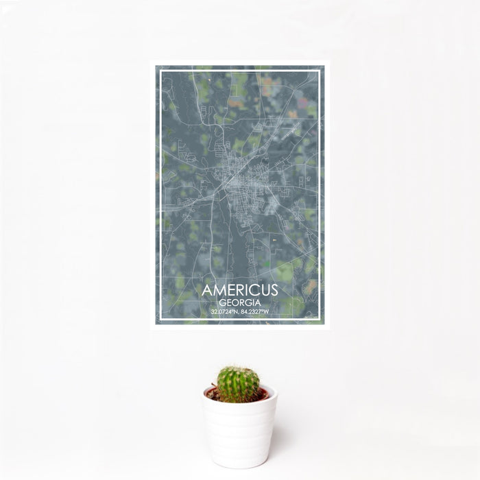 12x18 Americus Georgia Map Print Portrait Orientation in Afternoon Style With Small Cactus Plant in White Planter