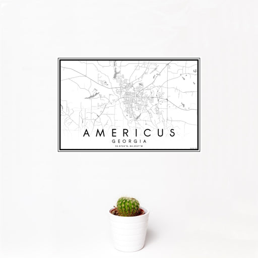 12x18 Americus Georgia Map Print Landscape Orientation in Classic Style With Small Cactus Plant in White Planter