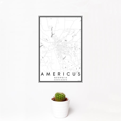 12x18 Americus Georgia Map Print Portrait Orientation in Classic Style With Small Cactus Plant in White Planter