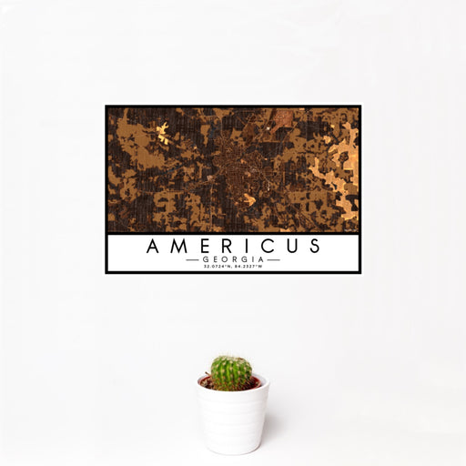 12x18 Americus Georgia Map Print Landscape Orientation in Ember Style With Small Cactus Plant in White Planter