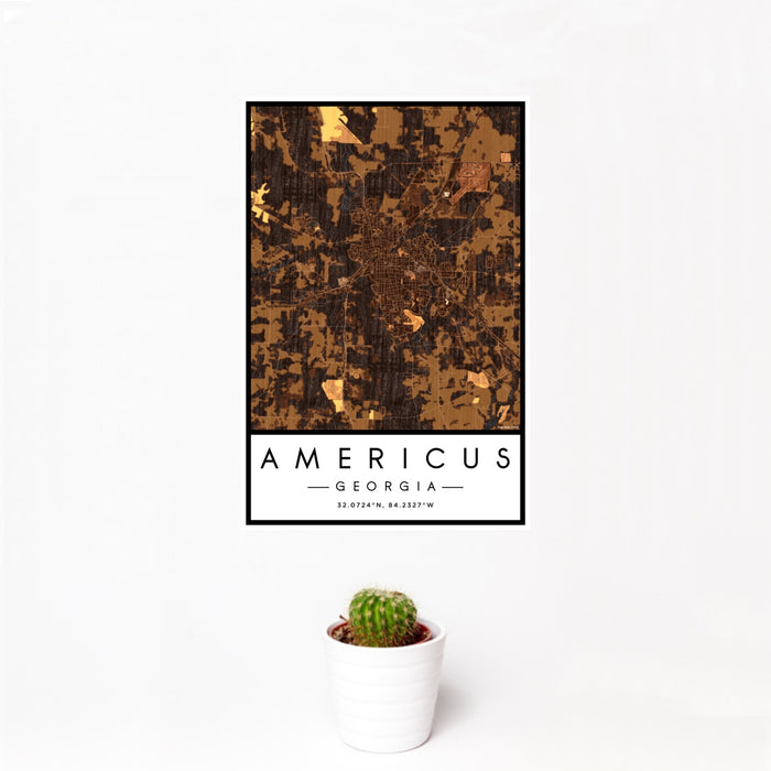 12x18 Americus Georgia Map Print Portrait Orientation in Ember Style With Small Cactus Plant in White Planter