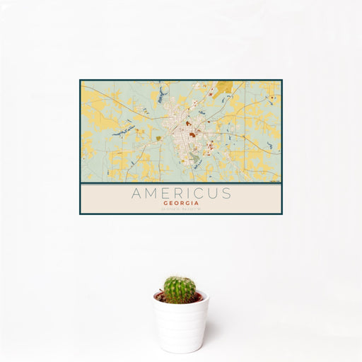 12x18 Americus Georgia Map Print Landscape Orientation in Woodblock Style With Small Cactus Plant in White Planter