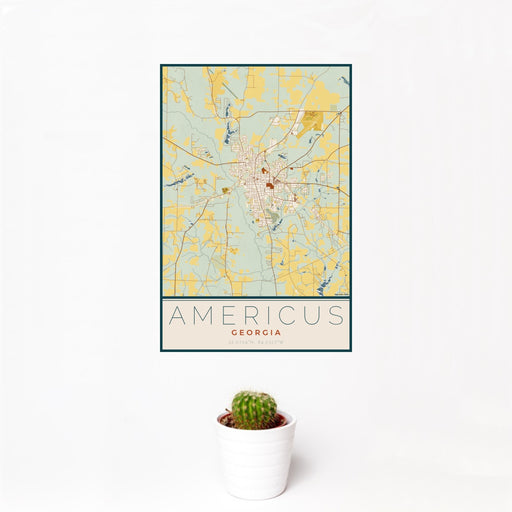 12x18 Americus Georgia Map Print Portrait Orientation in Woodblock Style With Small Cactus Plant in White Planter