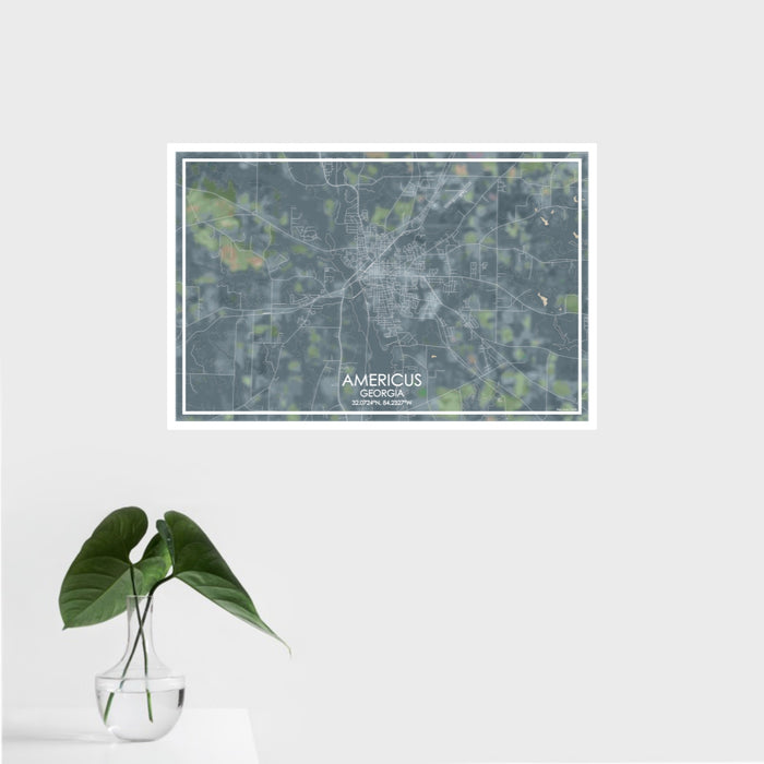 16x24 Americus Georgia Map Print Landscape Orientation in Afternoon Style With Tropical Plant Leaves in Water