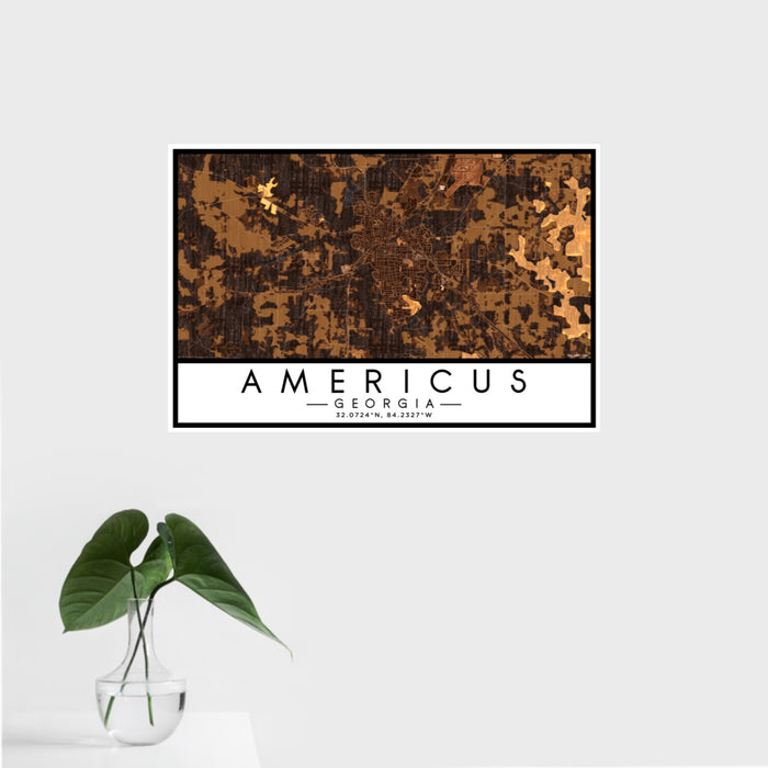 16x24 Americus Georgia Map Print Landscape Orientation in Ember Style With Tropical Plant Leaves in Water