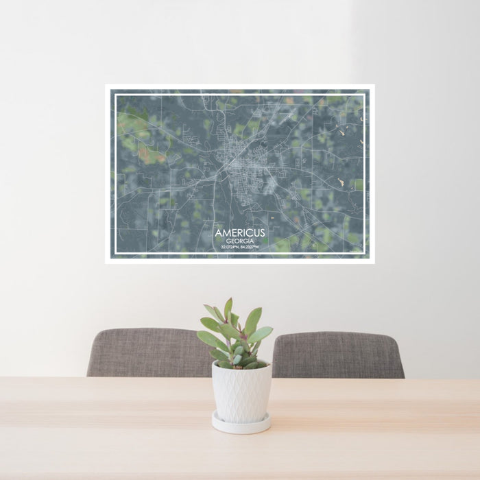 24x36 Americus Georgia Map Print Lanscape Orientation in Afternoon Style Behind 2 Chairs Table and Potted Plant