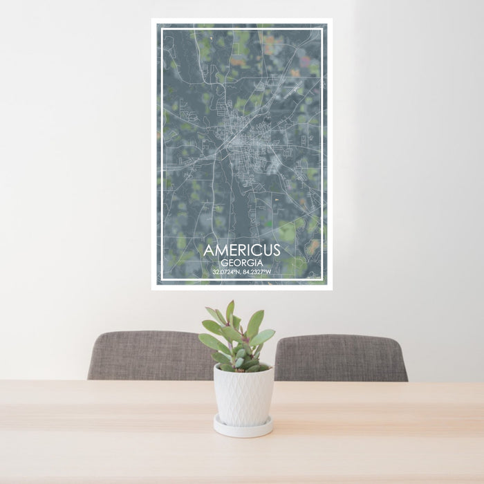 24x36 Americus Georgia Map Print Portrait Orientation in Afternoon Style Behind 2 Chairs Table and Potted Plant