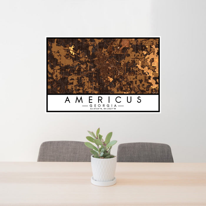 24x36 Americus Georgia Map Print Lanscape Orientation in Ember Style Behind 2 Chairs Table and Potted Plant
