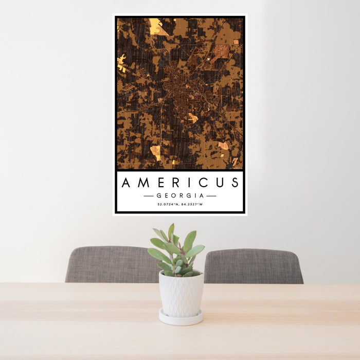 24x36 Americus Georgia Map Print Portrait Orientation in Ember Style Behind 2 Chairs Table and Potted Plant
