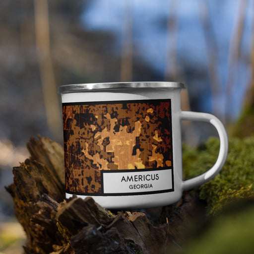 Right View Custom Americus Georgia Map Enamel Mug in Ember on Grass With Trees in Background