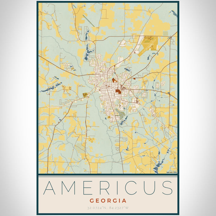 Americus Georgia Map Print Portrait Orientation in Woodblock Style With Shaded Background