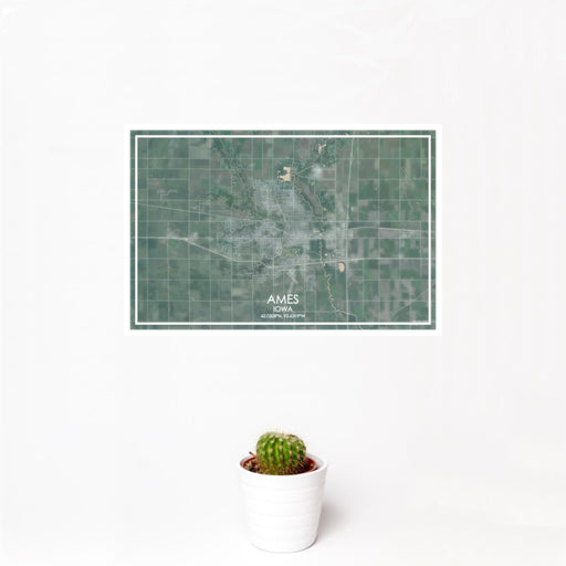 12x18 Ames Iowa Map Print Landscape Orientation in Afternoon Style With Small Cactus Plant in White Planter